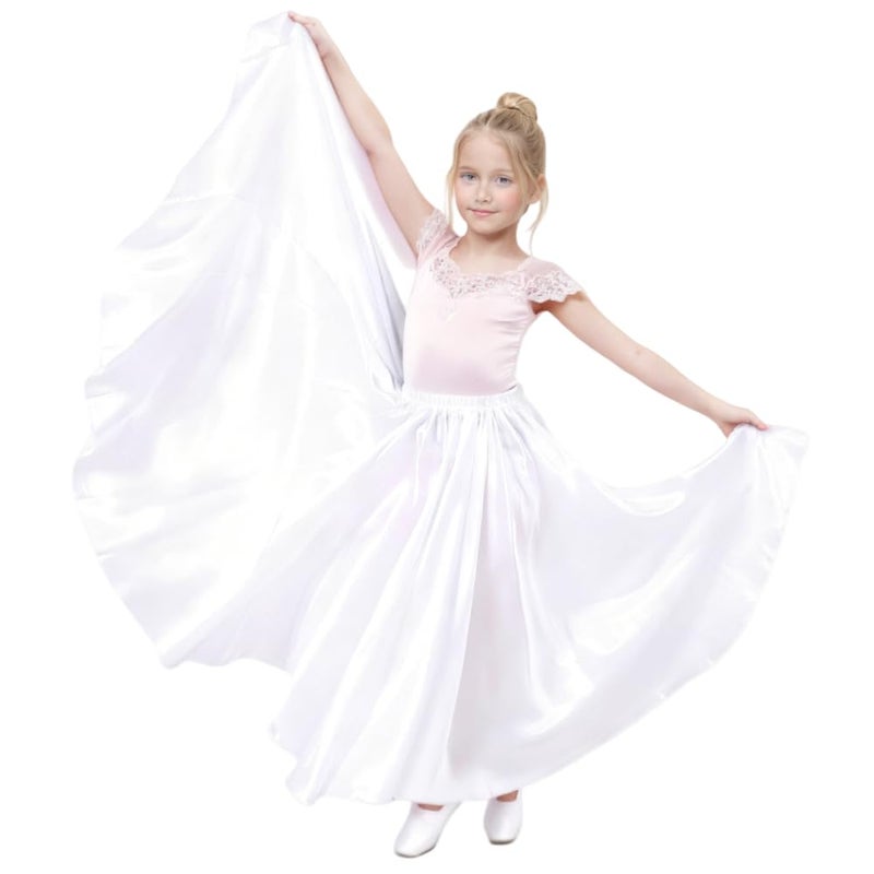 Sancan Girls Belly Latin Dance Skirt - Elastic Waist Ankle Length Full Flowy Circle Dancewear for Dance Practice Training (US, Age, 8 Years, 12 Years, White) - Image 1